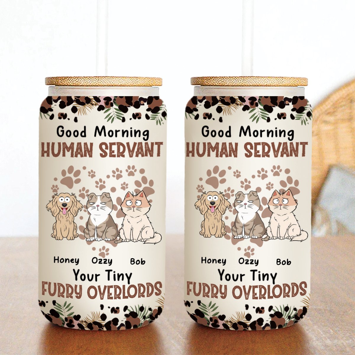 Pet Lovers - Good Morning Human Servant - Personalized Glass Can - Makezbright Gifts