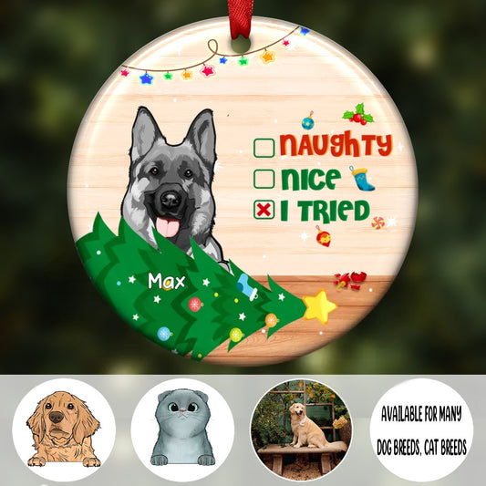 Pet Lovers - Naughty Nice I Tried Dogs Cats Upload Image - Personalized Christmas Ornament - Makezbright Gifts