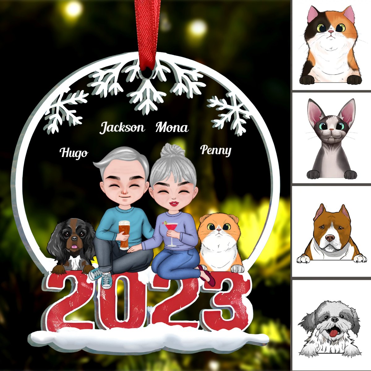 Pets Lovers - Couple & Pets Merry Christmas - Personalized Acrylic Ornament - Makezbright Gifts