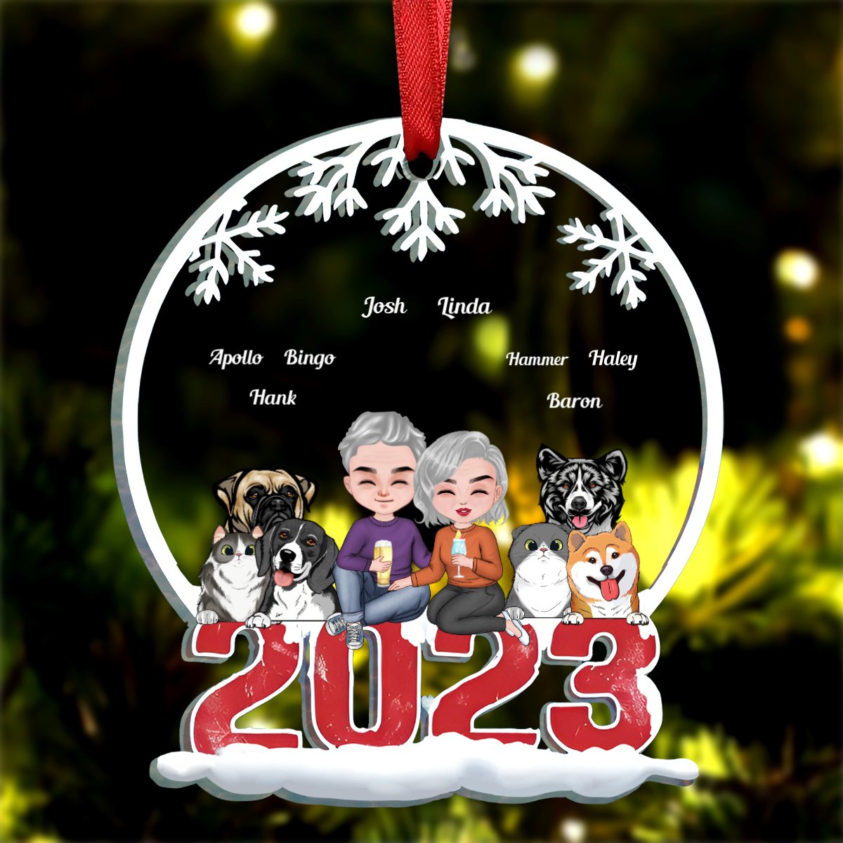 Pets Lovers - Couple & Pets Merry Christmas - Personalized Acrylic Ornament - Makezbright Gifts