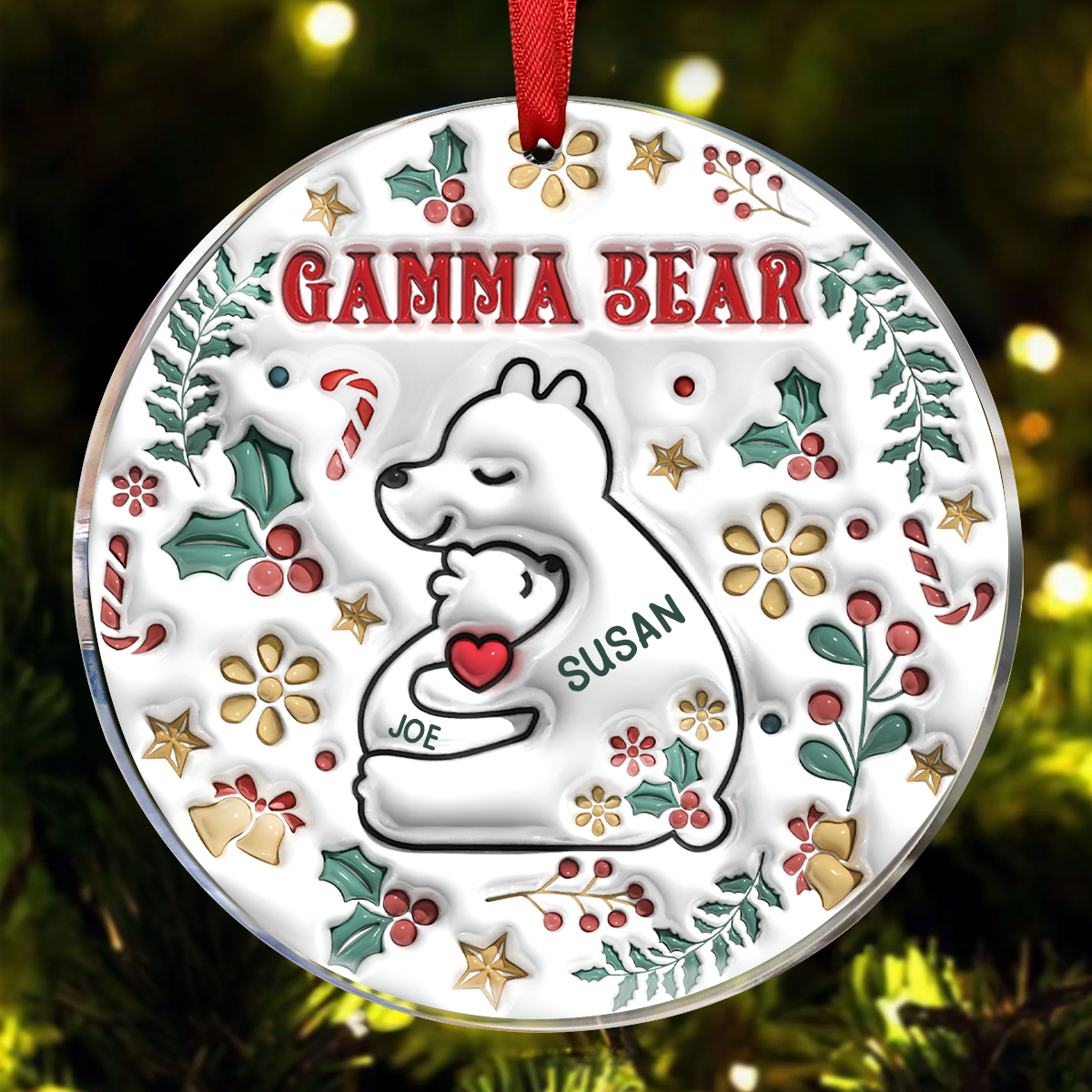 Christmas Mama Bear - 3D Inflated Effect Printed Ornament, Personalized Circle Acrylic Ornament