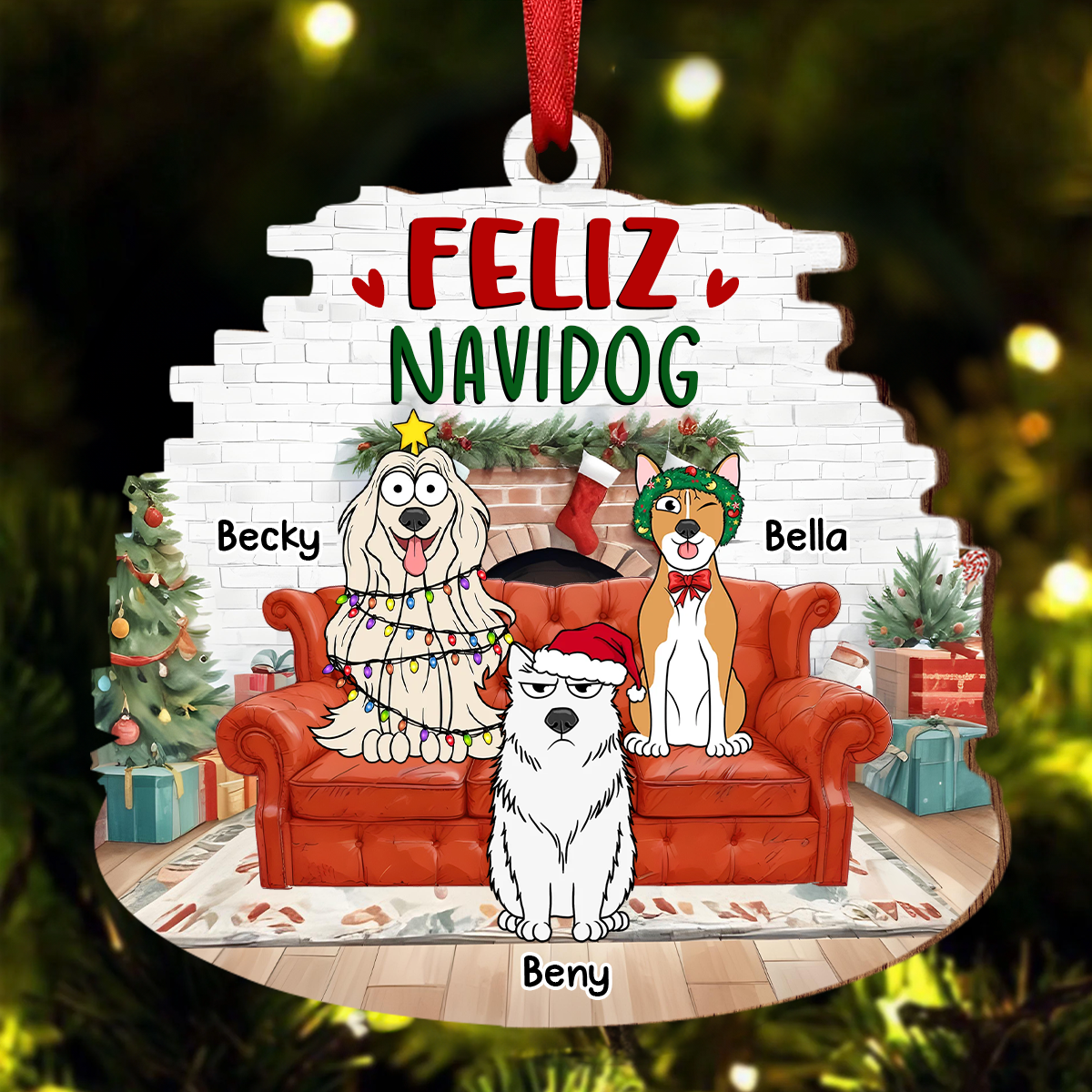 Feliz Navidog Dog Christmas - Personalized Custom Shaped Wooden Ornament