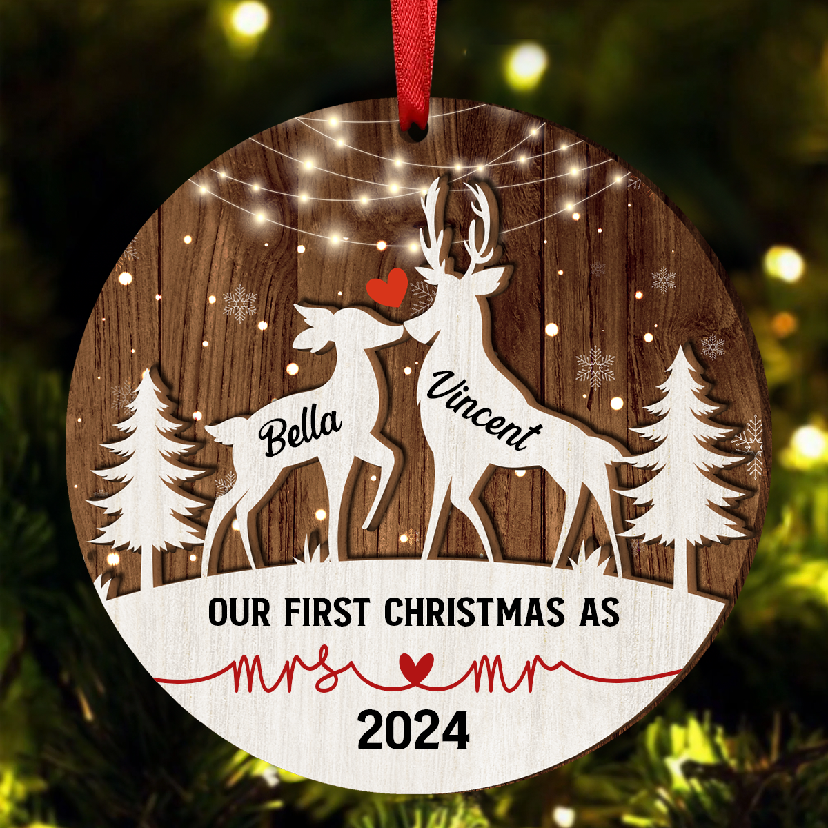 Deer Couple Our First Christmas As Mr. & Mrs. - Personalized Wooden Ornament