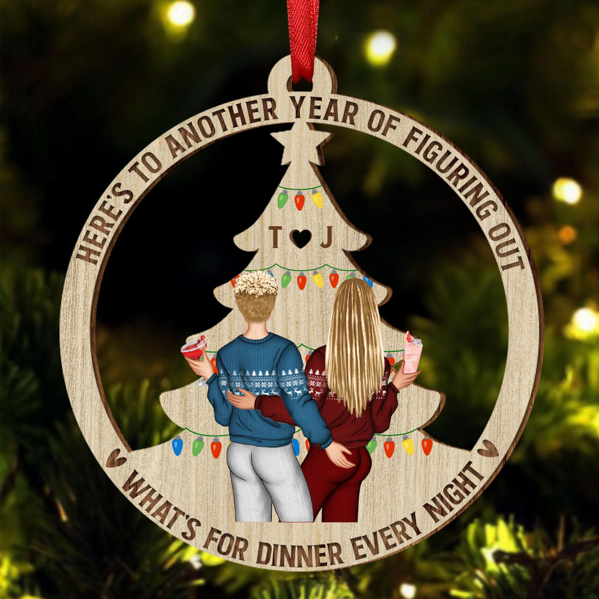 Christmas Couple Figuring Out Dinner - Personalized Wooden Cutout Ornament