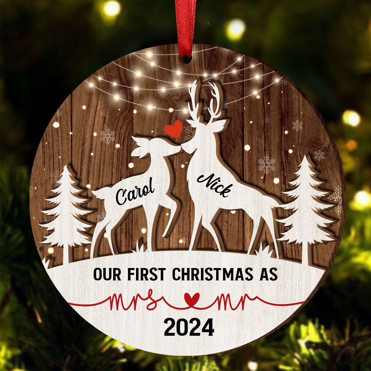 Deer Couple Our First Christmas As Mr. & Mrs. - Personalized Wooden Ornament