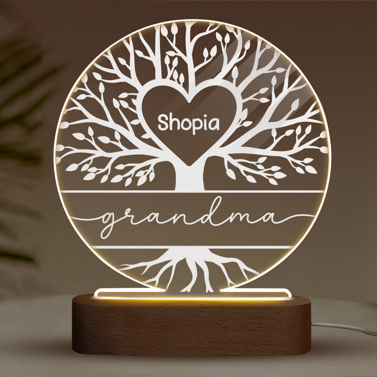 Grandma Family Tree Name Personalized Circle Acrylic Plaque With LED Night Light - Gift for Grandma, Nana, Mom