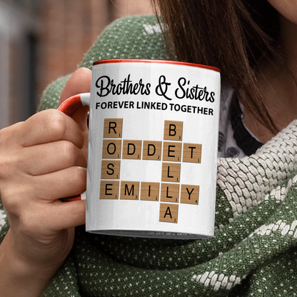 Brothers & Sisters Forever Linked Together Crossword Puzzle Art Personalized Mug, Gift For Brothers, Sisters, Siblings, Family