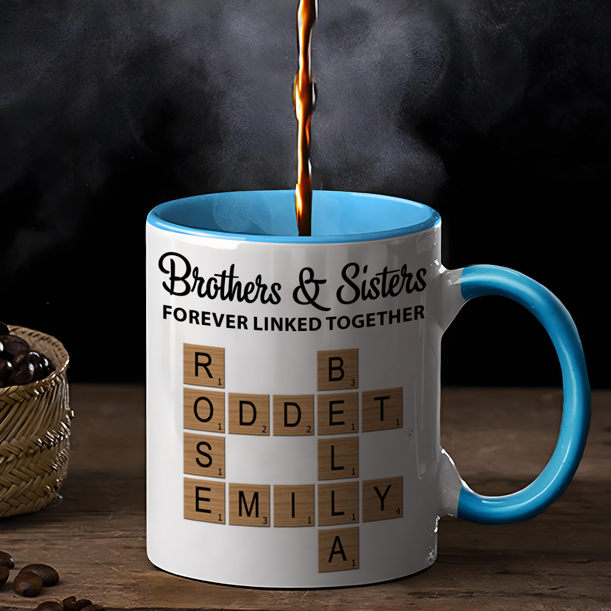 Brothers & Sisters Forever Linked Together Crossword Puzzle Art Personalized Mug, Gift For Brothers, Sisters, Siblings, Family