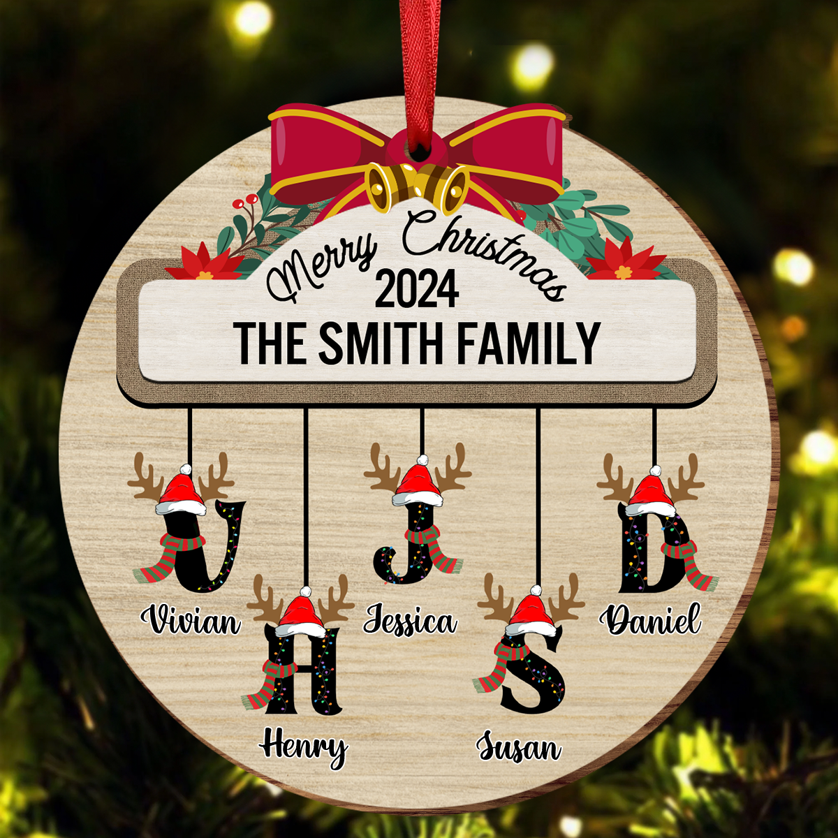 Family First Letter Name Monogram - Personalized Custom Shaped Wooden Ornament