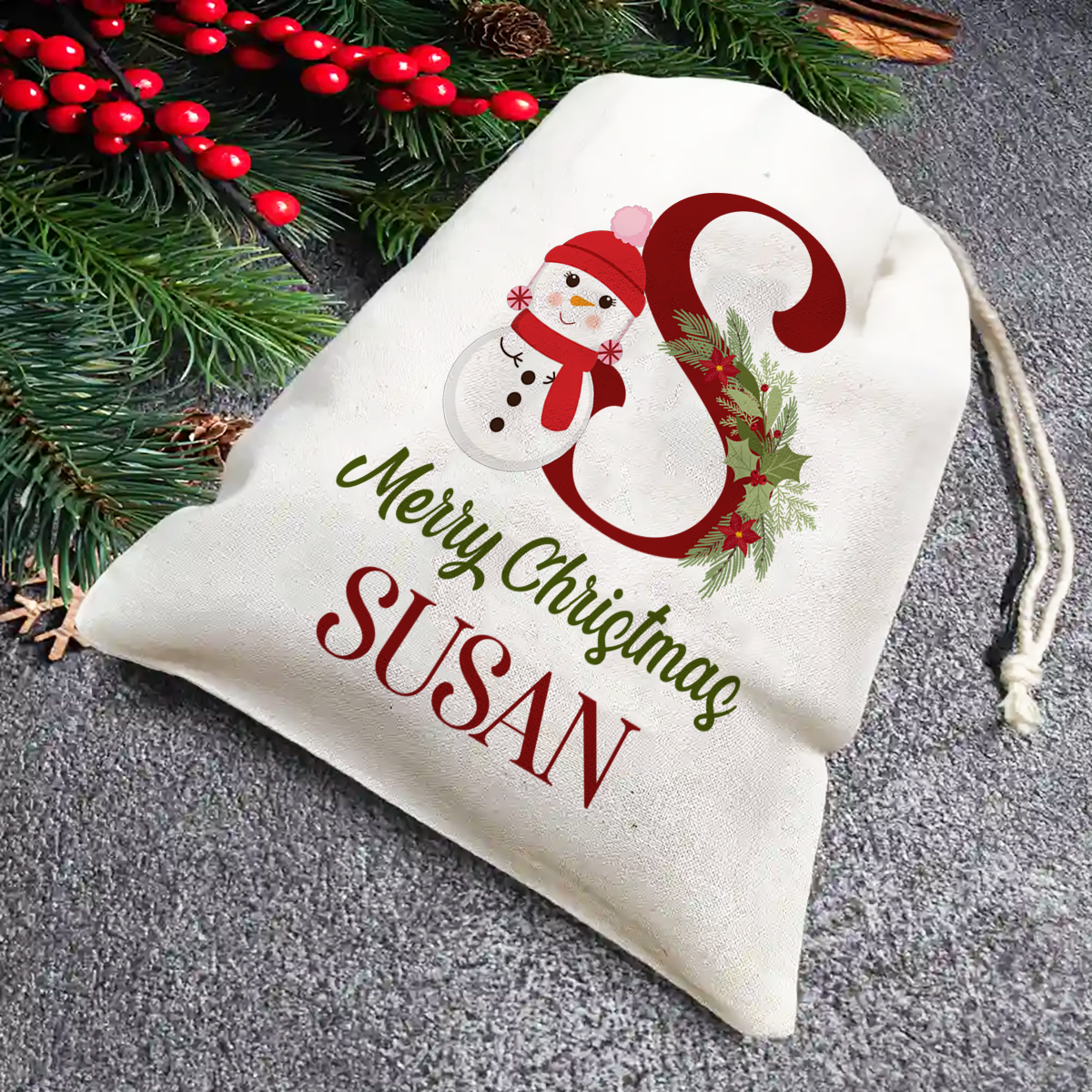 Monogram Snowman Merry Christmas - Personalized Favor Bag