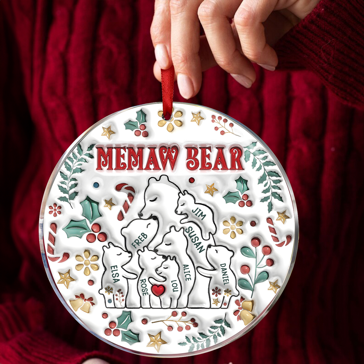 Christmas Mama Bear - 3D Inflated Effect Printed Ornament, Personalized Circle Acrylic Ornament