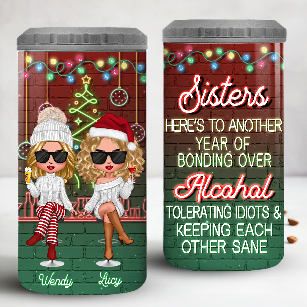 Christmas Drinking Partners Besties Sisters Personalized Can Cooler