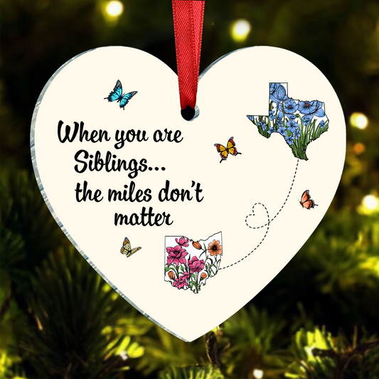 Miles Apart Long Distance Friendship Family Watercolor Wildflower State Map Personalized Heart Ornament, Togetherness Keepsake