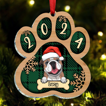 Personalized Custom Paw Shaped Wood Christmas Ornament - Dog, Cat And Snow - Plaid Buffalo Pattern - Customized Decoration Upload Image, Gift For Pet Lovers