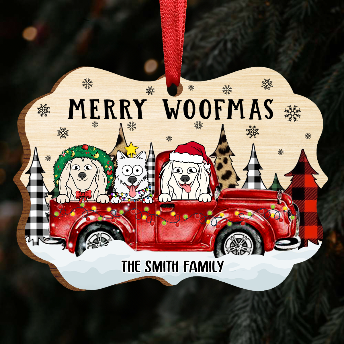 Merry Woofmas Dog Lovers Red Truck - Personalized Wooden Ornament