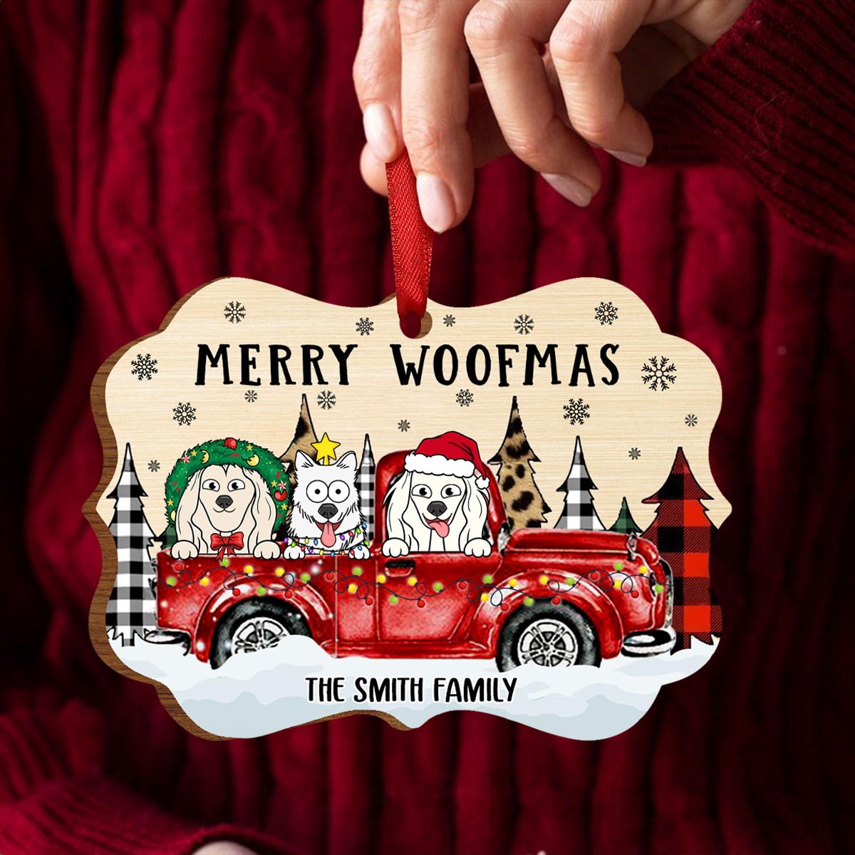 Merry Woofmas Dog Lovers Red Truck - Personalized Wooden Ornament