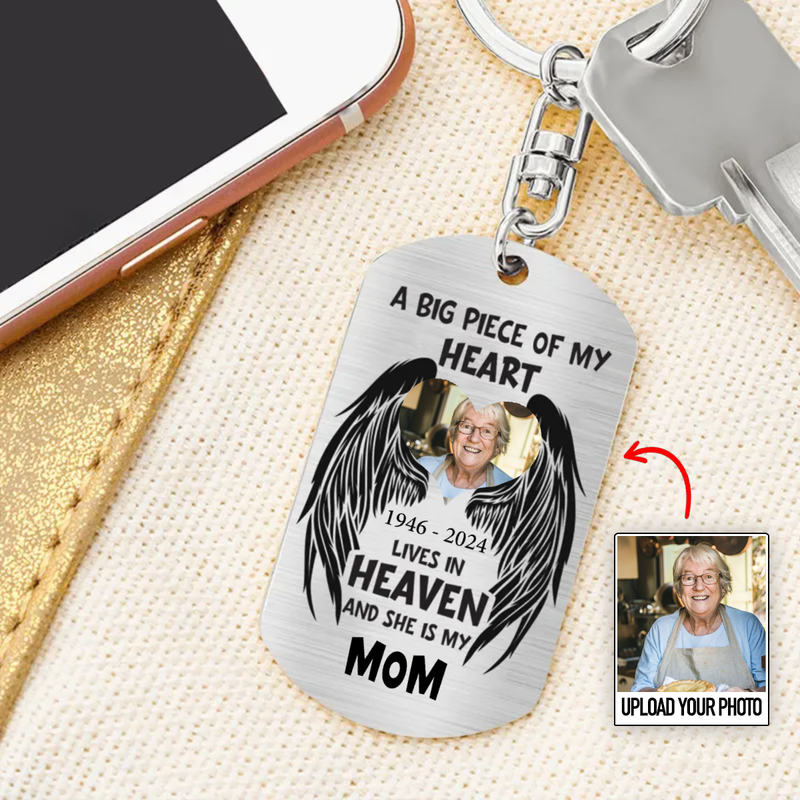 Family - Custom Photo A Big Piece Of My Heart Lives In Heaven - Personalized Engraved Stainless Steel Keychain (HJ)