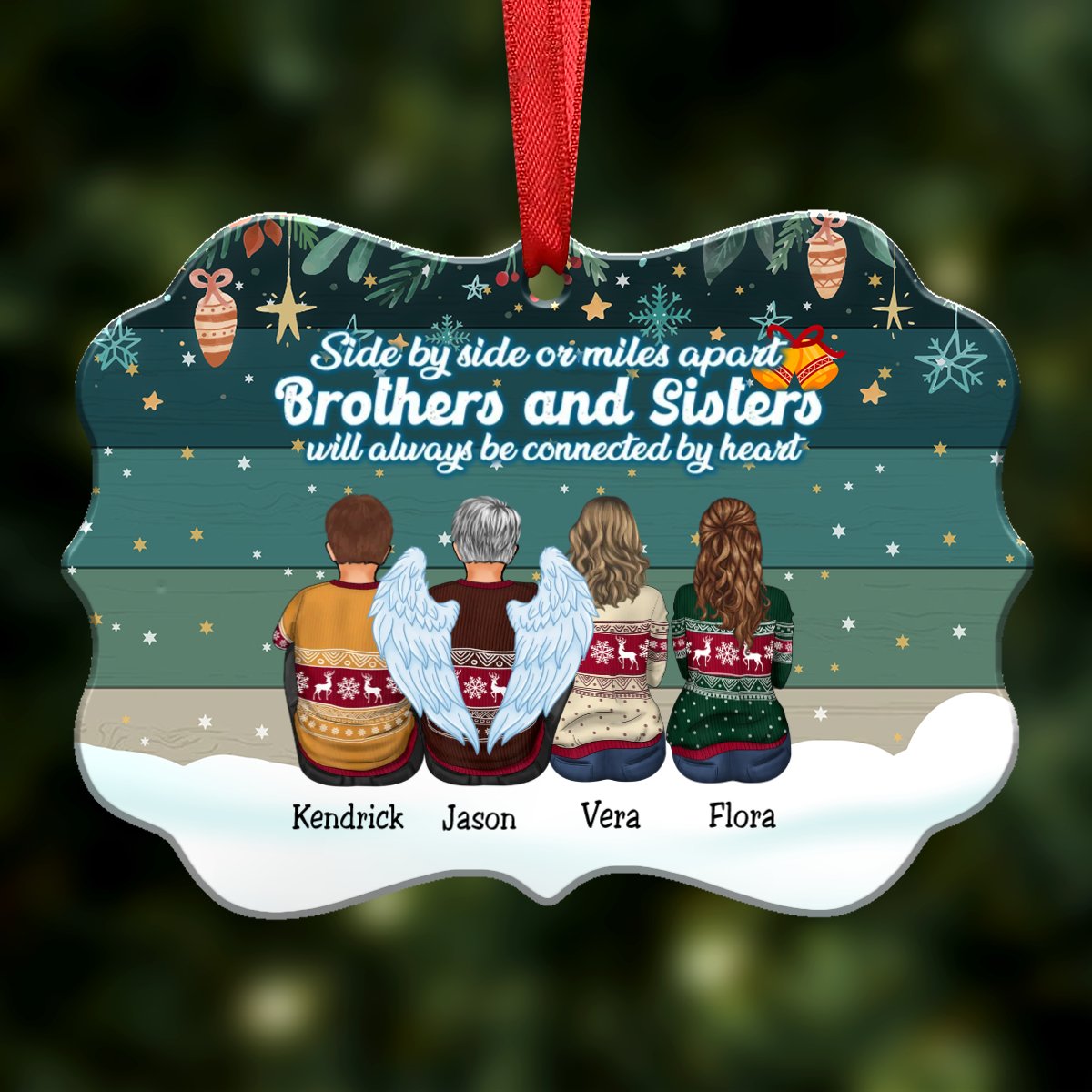 Side By Side Or Miles Apart Brothers And Sisters Will Always Be Connected By Heart - Personalized Christmas Ornament (Green) - Makezbright Gifts