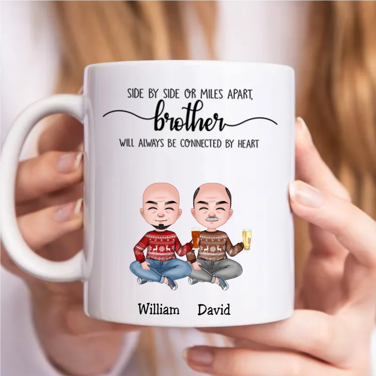 Side By Side Or Miles Apart, Brothers Will Always Be Connected By Heart - Personalized Mug - Makezbright Gifts