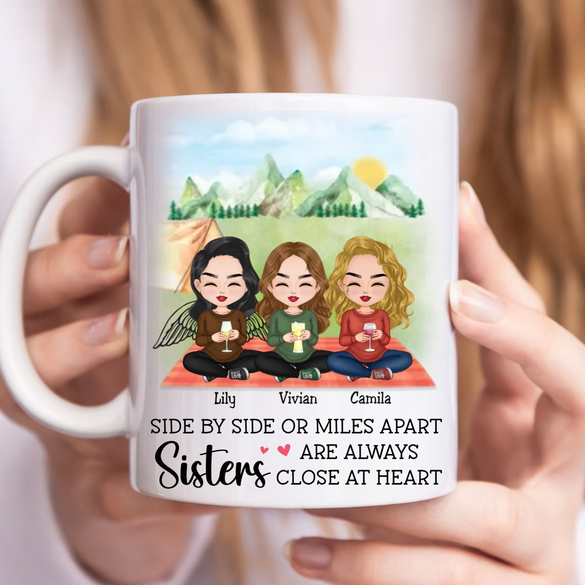 Sisters - Side By Side Or Miles Apart Sisters Are Always Close At Heart - Personalized Mug - Makezbright Gifts