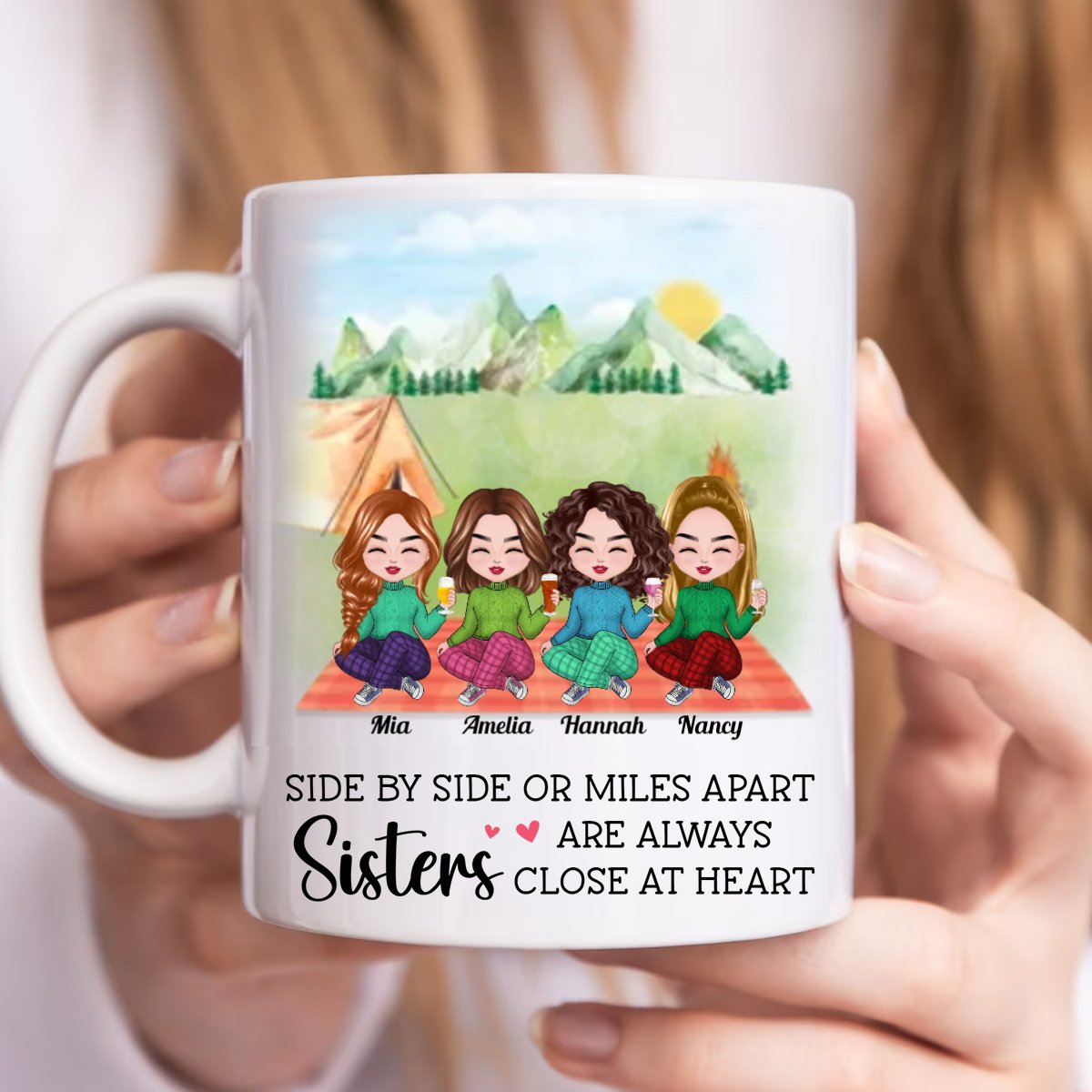 Sisters - Side By Side Or Miles Apart Sisters Are Always Close At Heart - Personalized Mug - Makezbright Gifts