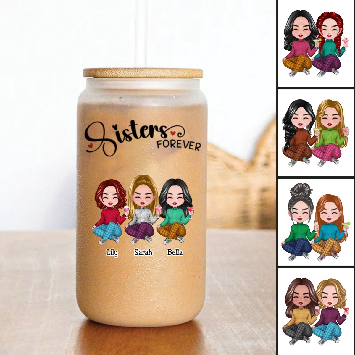 Sisters - Sisters Forever - Personalize Glass Can (AA) - Makezbright Gifts