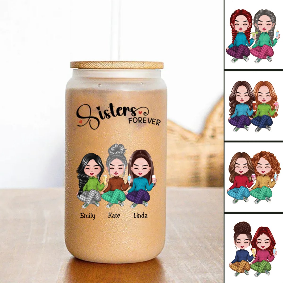 Sisters - Sisters Forever - Personalized Glass Can - Makezbright Gifts