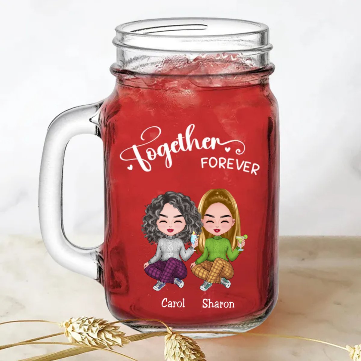 Sisters - Together Forever - Personalize Drinking Jar (White) - Makezbright Gifts