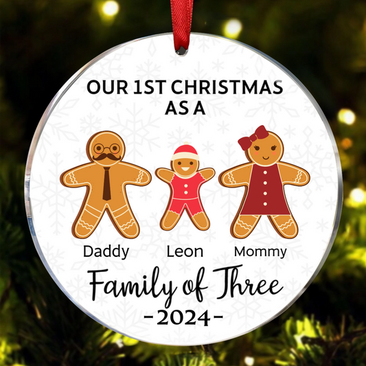 First Christmas As A Family Of Three Gingerbread - Personalized Circle Acrylic Ornament