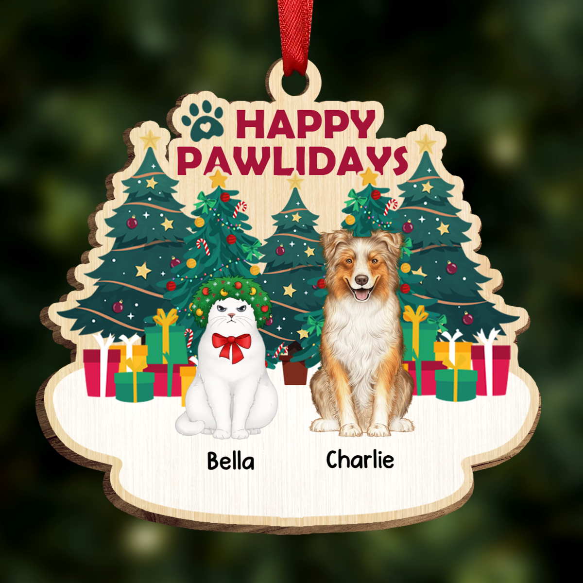 Happy Pawlidays Christmas Dogs Cats Sitting - Personalized Custom Shaped Wooden Ornament