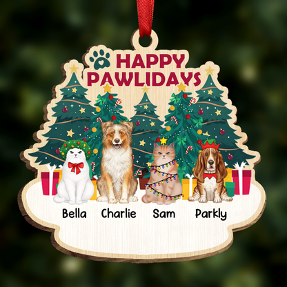 Happy Pawlidays Christmas Dogs Cats Sitting - Personalized Custom Shaped Wooden Ornament