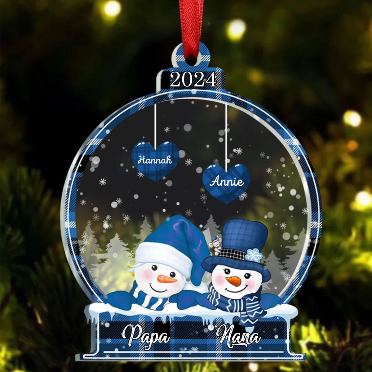 Family -  Sparkling Christmas Snowman Papa Nana Dad Mom Heart Kids In Snowball - Personalized Acrylic Ornament