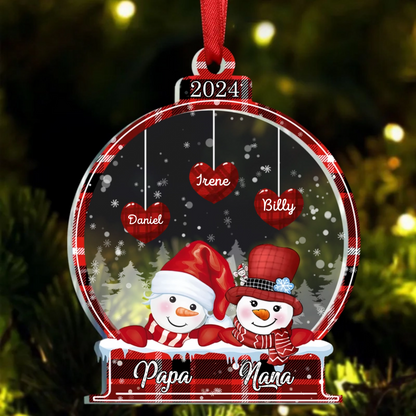 Family -  Sparkling Christmas Snowman Papa Nana Dad Mom Heart Kids In Snowball - Personalized Acrylic Ornament