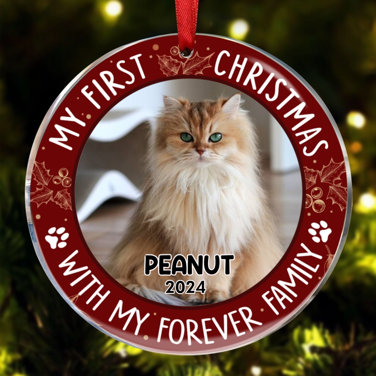 Custom Photo First Christmas Pet Lovers - Personalized Circle Acrylic Ornament