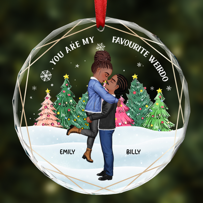 Christmas Couple Cartoon You Are My Favorite Weirdo - Personalized Circle Glass Ornament