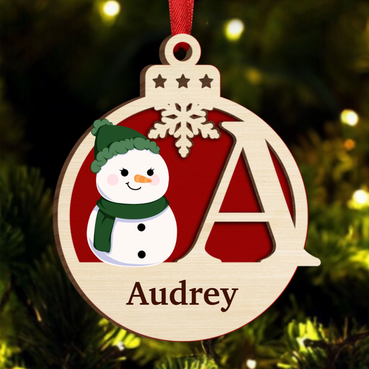 Christmas Snowman Monogram - Personalized  Wooden Ornament