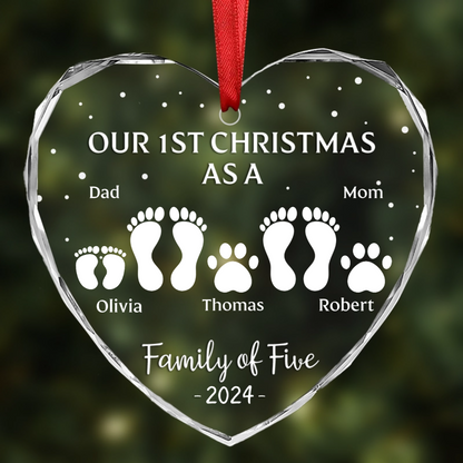 First Christmas As A Family Of Four Footprints - Personalized Heart Shaped Acrylic Ornament