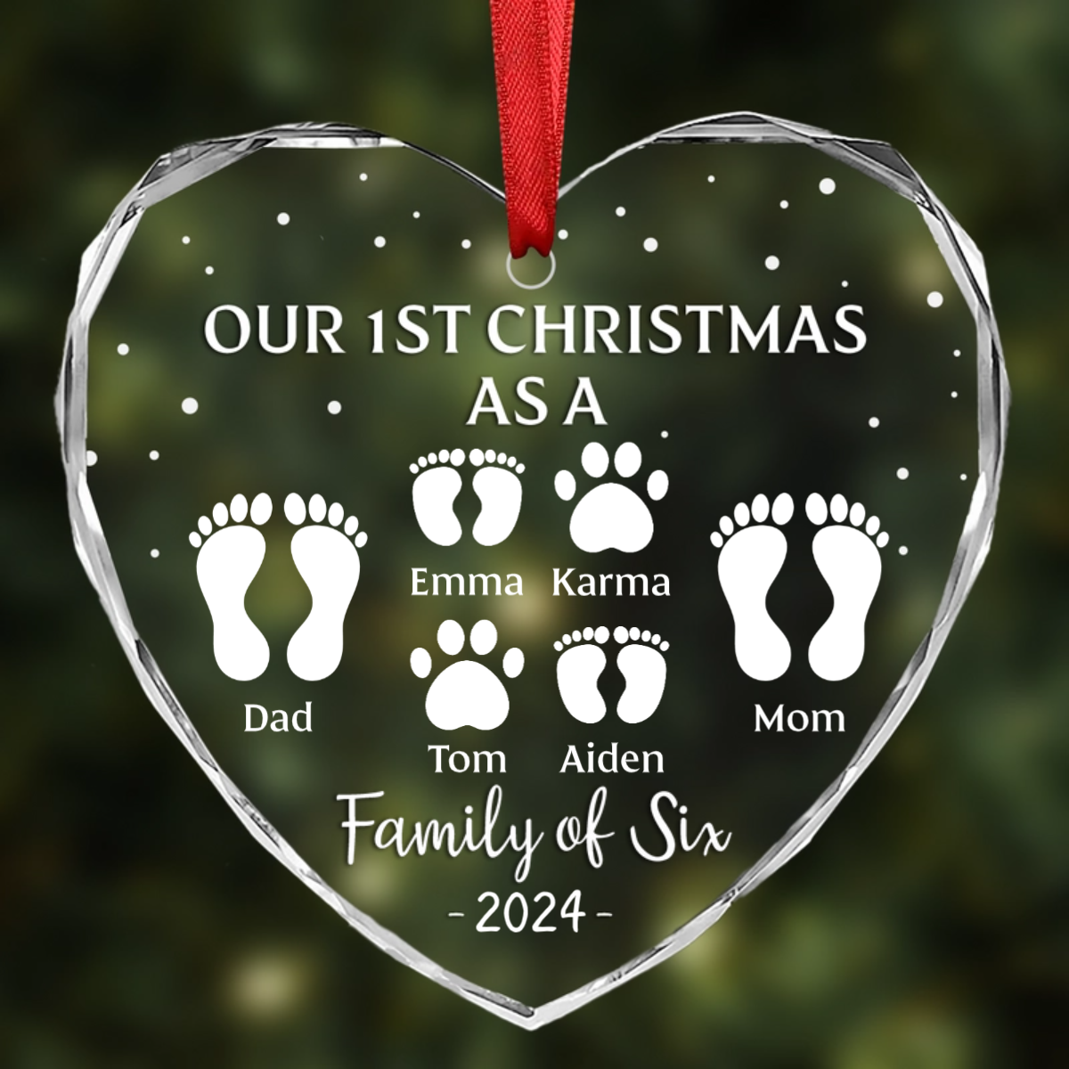 First Christmas As A Family Of Four Footprints - Personalized Heart Shaped Acrylic Ornament