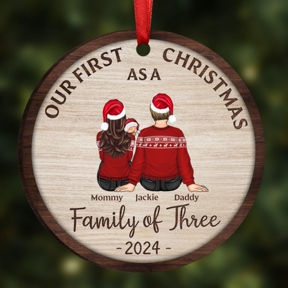 First Christmas As A Family Of Three New Parents - Personalized 2-Layered Wooden Ornament