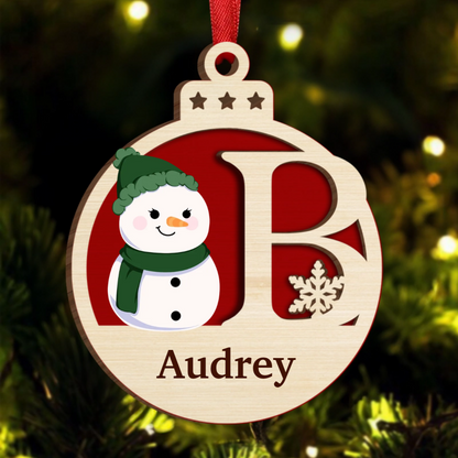 Christmas Snowman Monogram - Personalized  Wooden Ornament