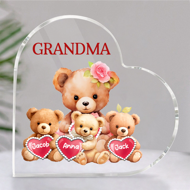 Grandma - Mama Bear With Little Kids - Personalized Heart Acrylic Plaque