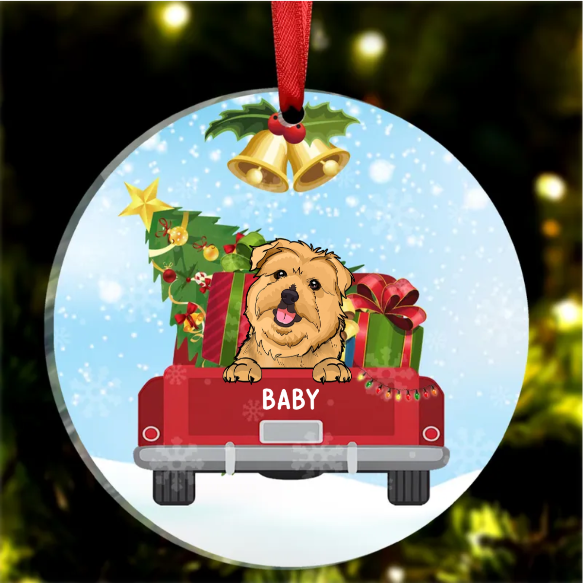 Dog Cat On Christmas Truck Personalized Decorative Circle Ornament