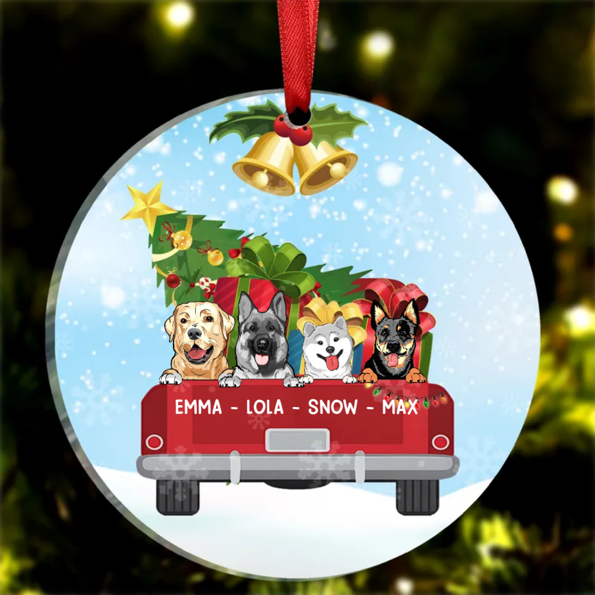 Dog Cat On Christmas Truck Personalized Decorative Circle Ornament