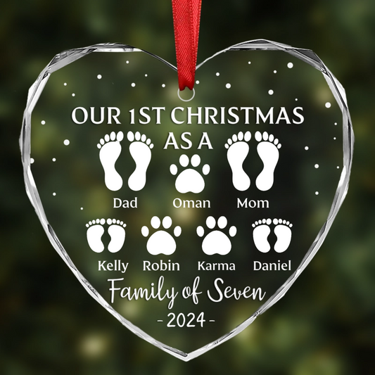 First Christmas As A Family Of Four Footprints - Personalized Heart Shaped Acrylic Ornament