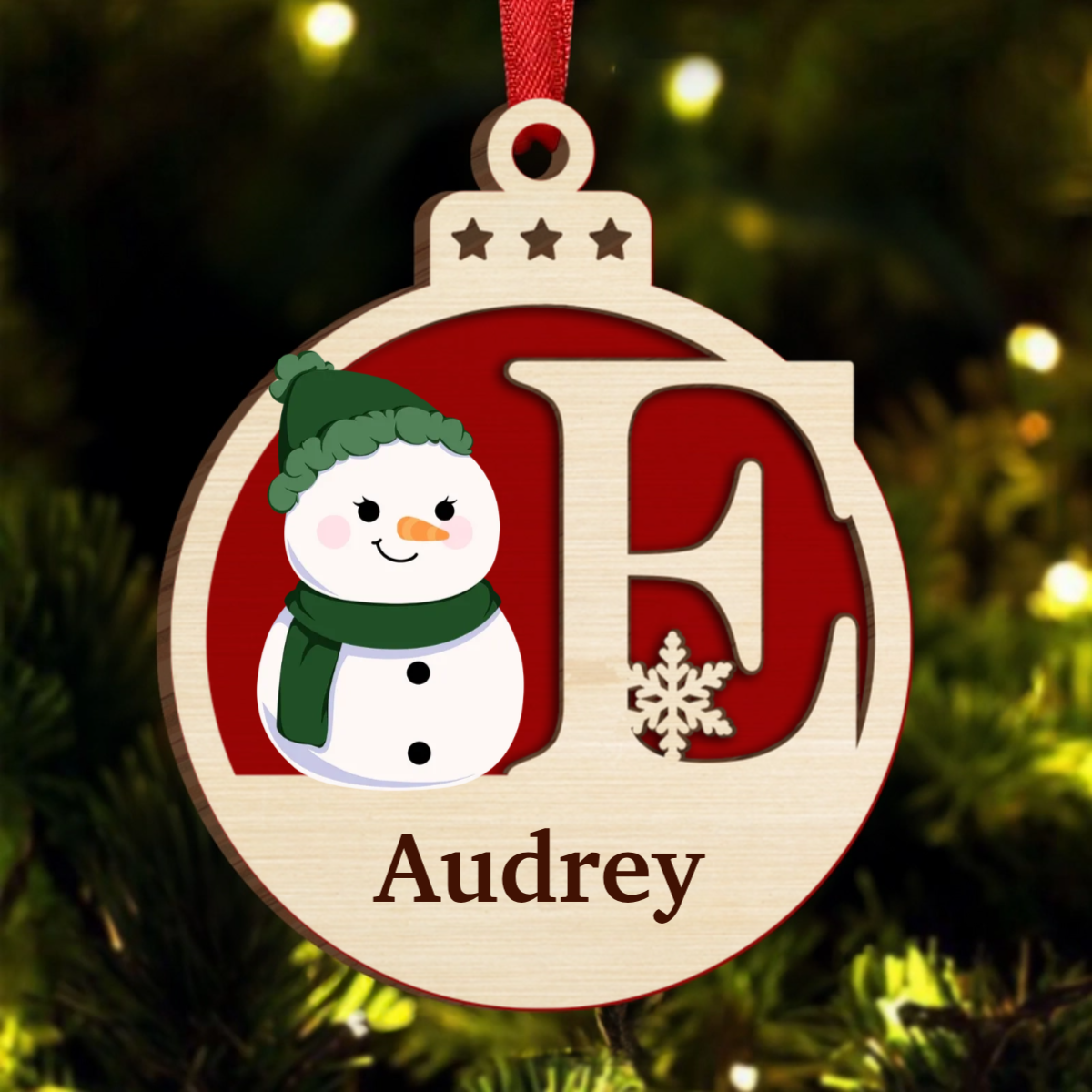 Christmas Snowman Monogram - Personalized  Wooden Ornament