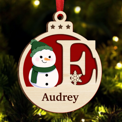 Christmas Snowman Monogram - Personalized  Wooden Ornament