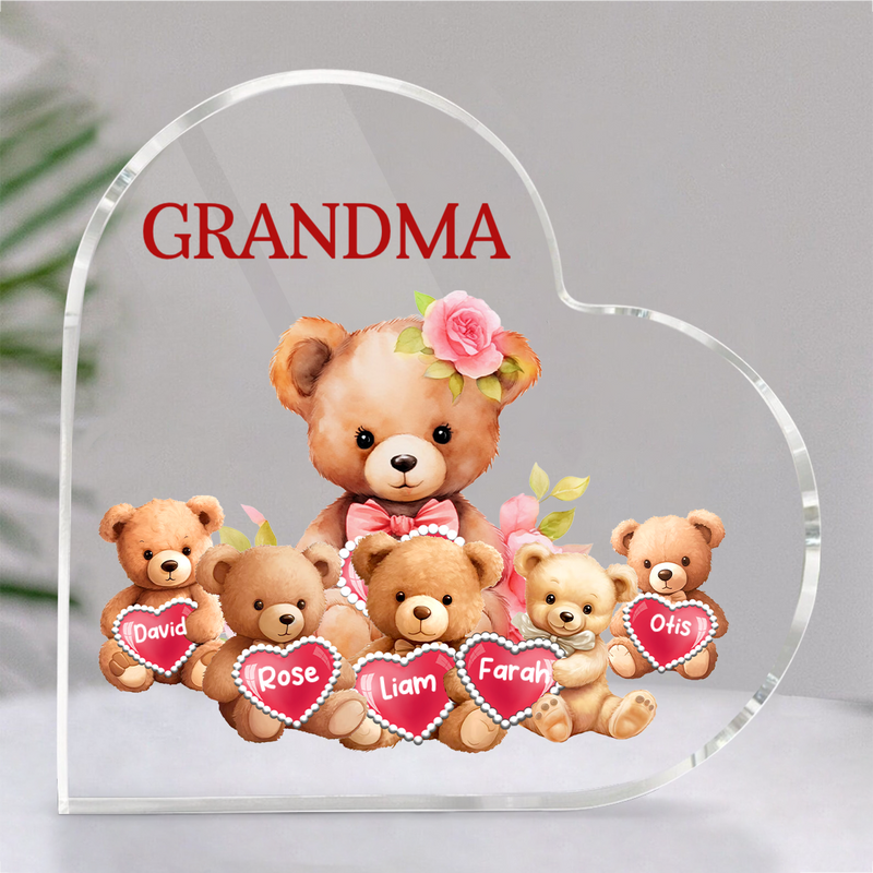 Grandma - Mama Bear With Little Kids - Personalized Heart Acrylic Plaque