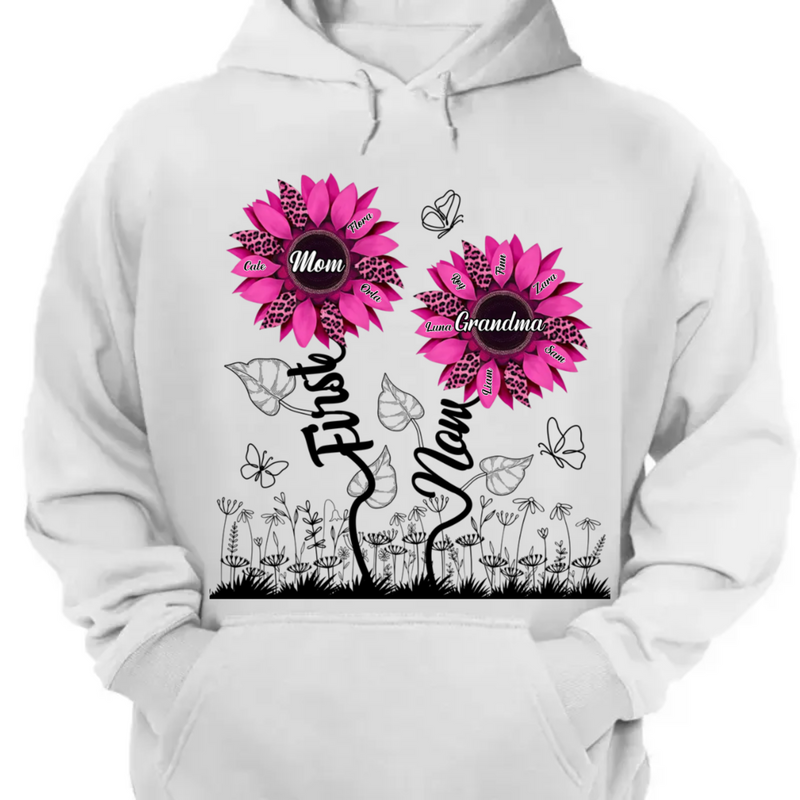 Family - First Mom Now Grandma Sunflower - Personalized Unisex T-shirt, Hoodie, Sweatshirt