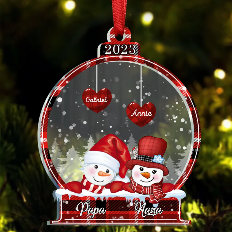 Family -  Sparkling Christmas Snowman Papa Nana Dad Mom Heart Kids In Snowball - Personalized Acrylic Ornament