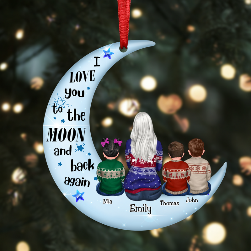 Family - Doll Grandma & Grandkid On Moon - Personalized Acrylic Circle Ornament